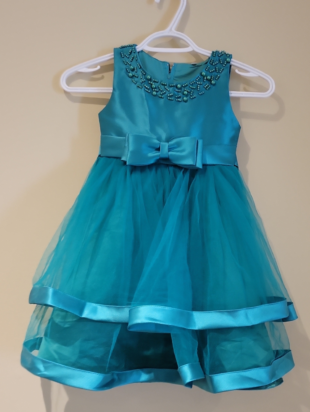 Girls Teal Beaded Bow Tulle Dress - Kids Dresses